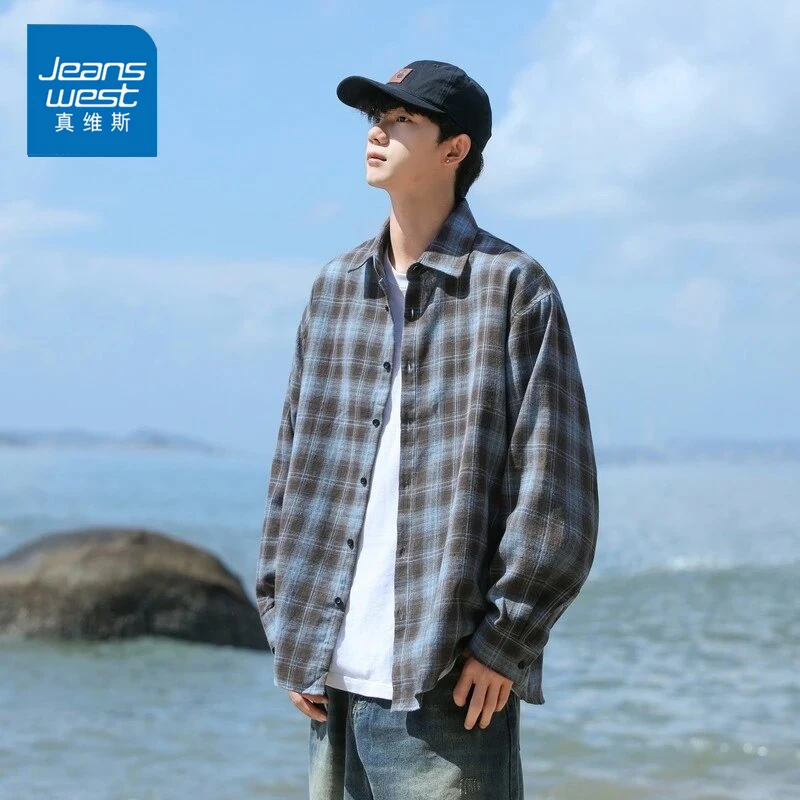 真维斯藏青色格子长袖衬衫男春秋美式潮牌宽松设计感磨毛衬衣外套