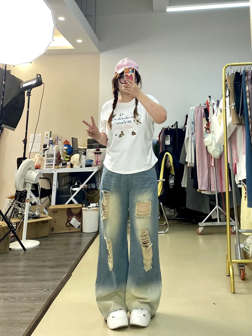 胖mm原创设计感大妈夏季破洞水洗直筒做旧牛仔裤宽松百搭高街566