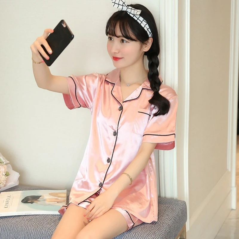 网包邮夏仿真丝睡衣夏季休闲家居服两件套女