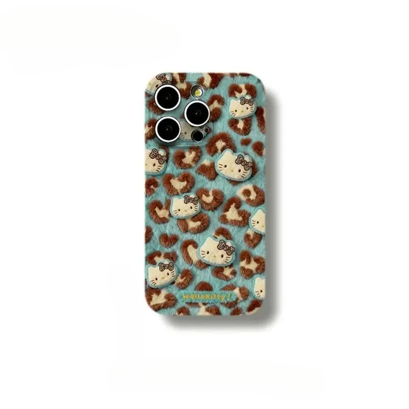 蓝色仿毛绒KT豹纹适用苹果17promax手机壳华为P50VIVO小米15全包