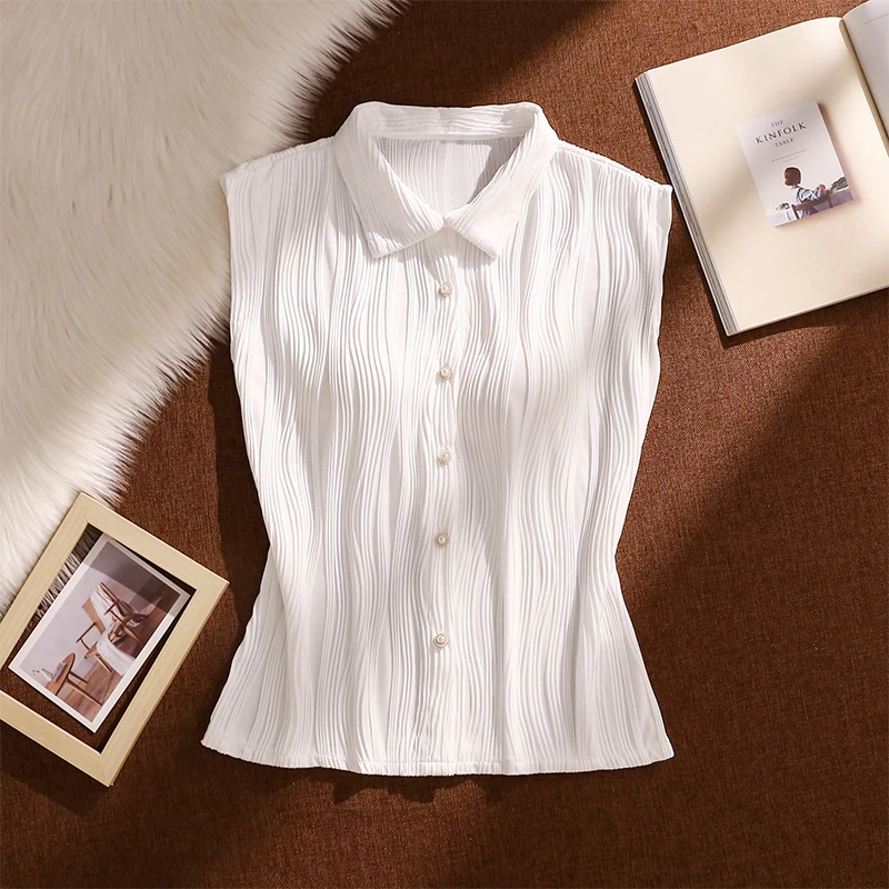 翻领波纹吊带背心女夏外穿独特别致衬衫气质洋气时髦打底无袖上衣