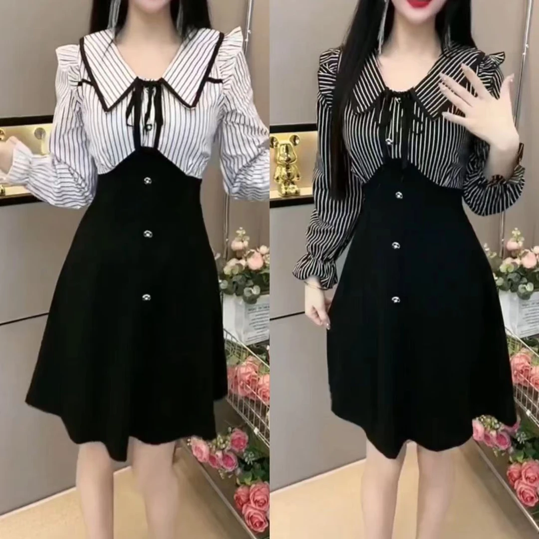 法式收腰假两件拼接连衣裙