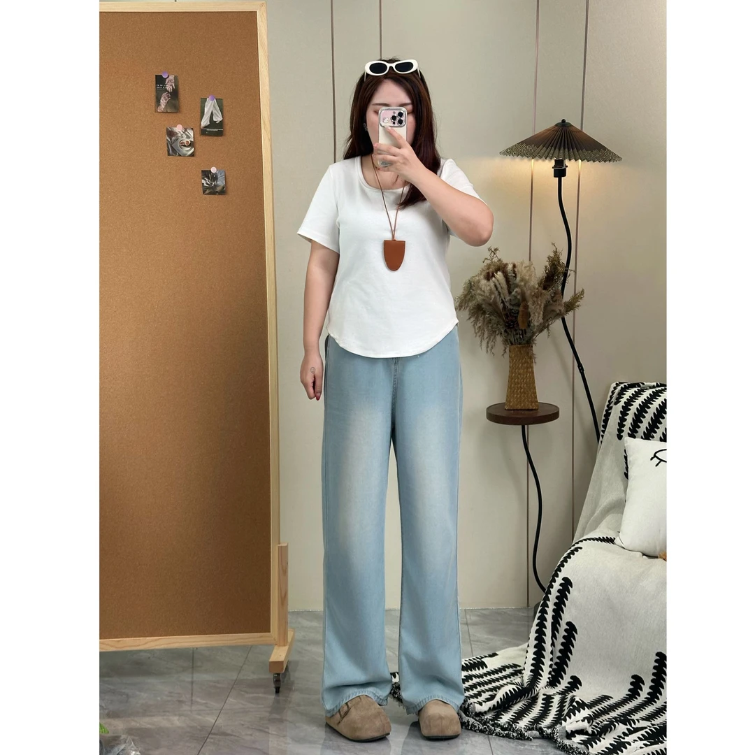 莱赛尔天丝高腰牛仔裤女夏大码胖mm宽松超薄超软窄版直筒阔腿裤