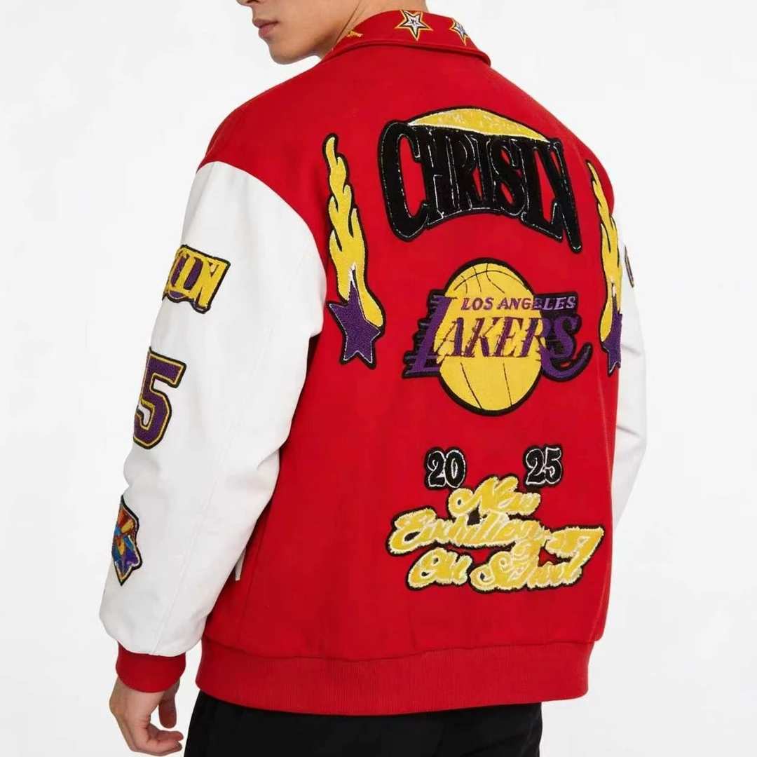 美式长袖男徽章无领几何图案减龄夹克皮夹克男款秋冬短款休闲男士