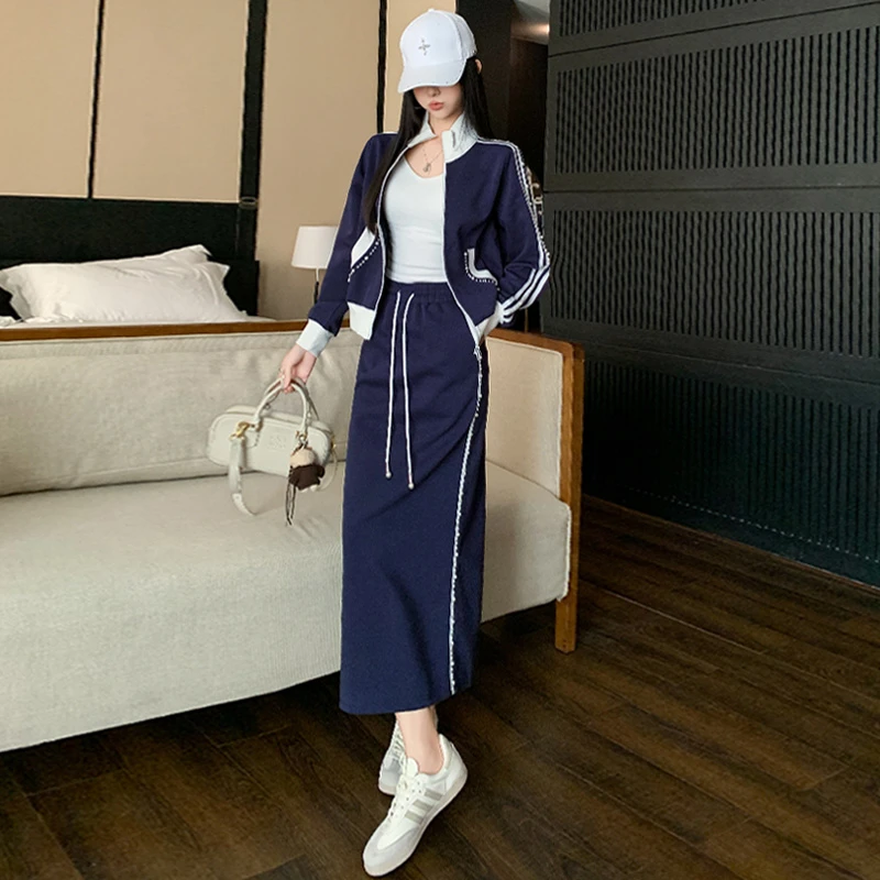 设计感休闲运动套装女春季订珠拼接色拉链开衫卫衣长半身裙两件套