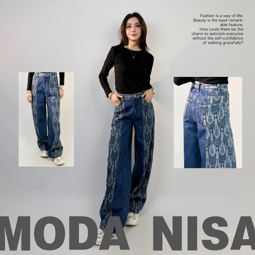 MODANISA品牌印花蓝色民族风牛仔裤直筒阔腿加长款-150-36-
