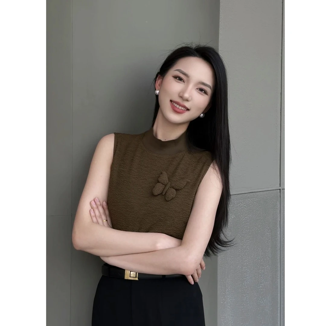 AMASS/阿玛施爆款新款半高领肌理感蝴蝶设计无袖T恤530033