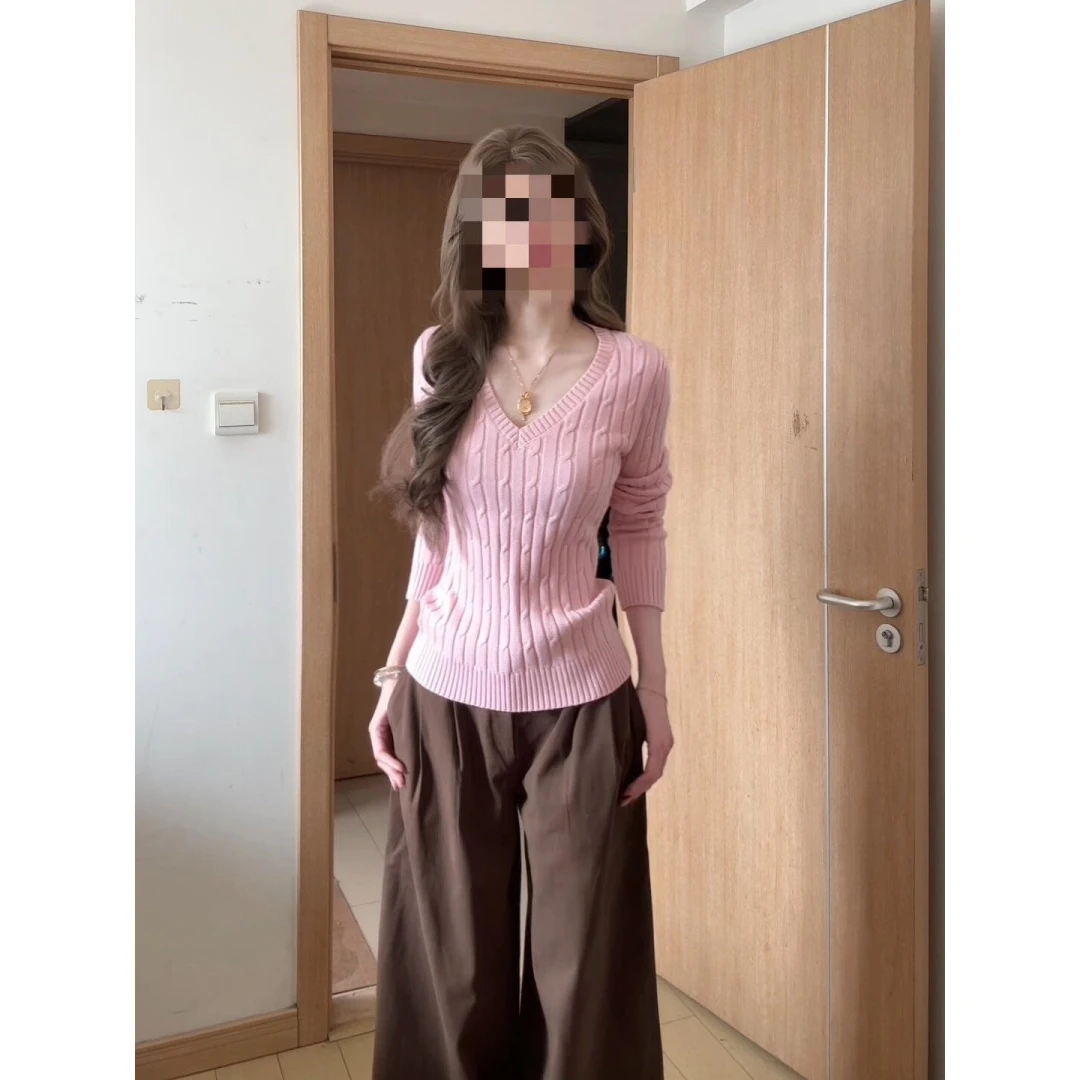 parkyeon韩系洋气减龄V领粉色长袖针织衫上衣直筒工装裤两件套