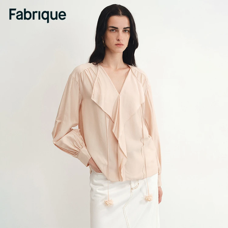 Fabrique Karina 春夏新款蜜桃粉荷叶边V领系带灯笼袖宫廷风衬衫