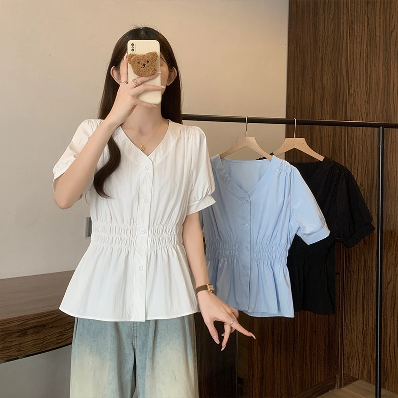 实拍大码洋气减龄V领短袖女装衬衫女夏季小众法式收腰显瘦上衣