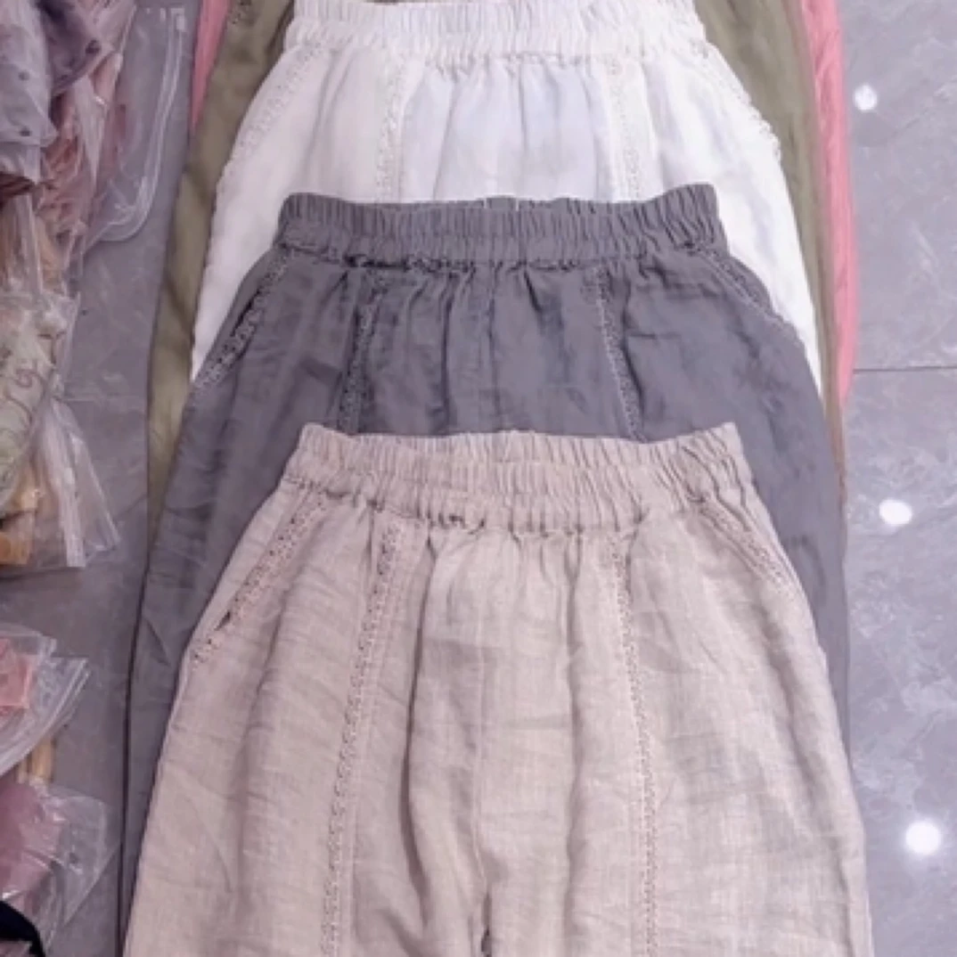 9220亚麻蕾丝条萝卜裤