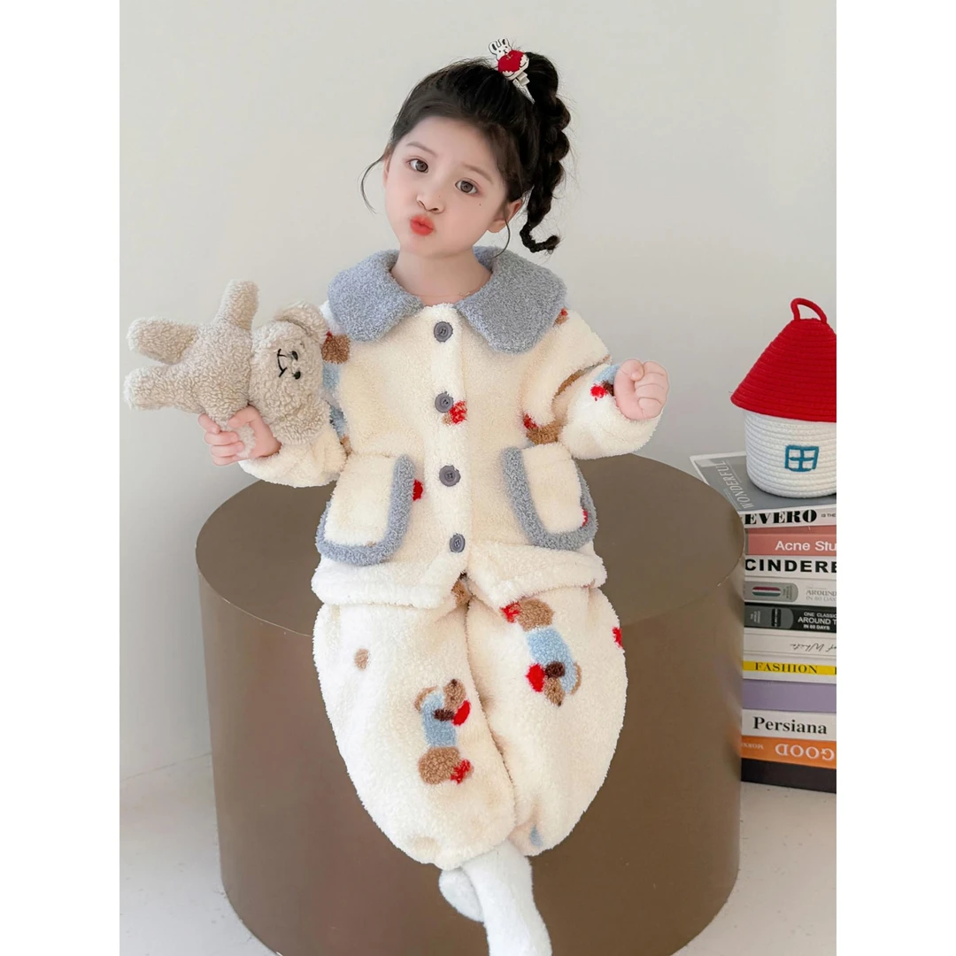 女宝加绒套装女童法兰绒睡衣秋冬2025新款儿童珊瑚绒家居服女宝宝