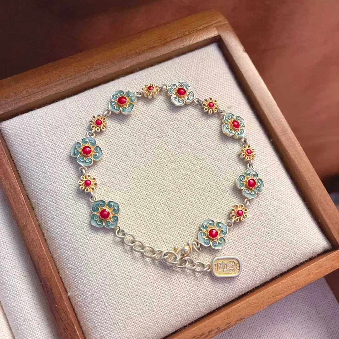 足银手链 古法纯银手链足银999.9珐琅描金如意银手链古风时尚彩色