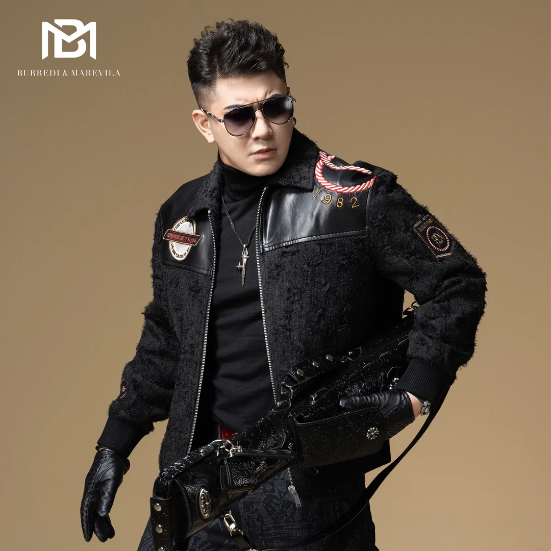 BM美式复古夹克外套男2025新款拼皮机车短款毛呢大衣潮牌刺绣秋冬