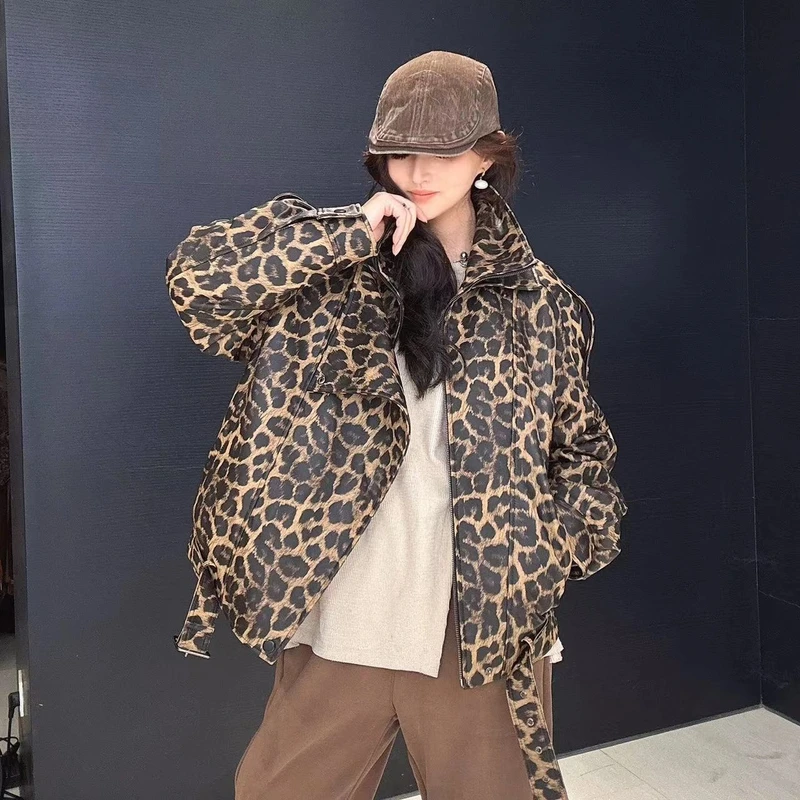 【女王优选】时尚冬季气质设计师豹纹羊皮外套715洋气休闲宽松