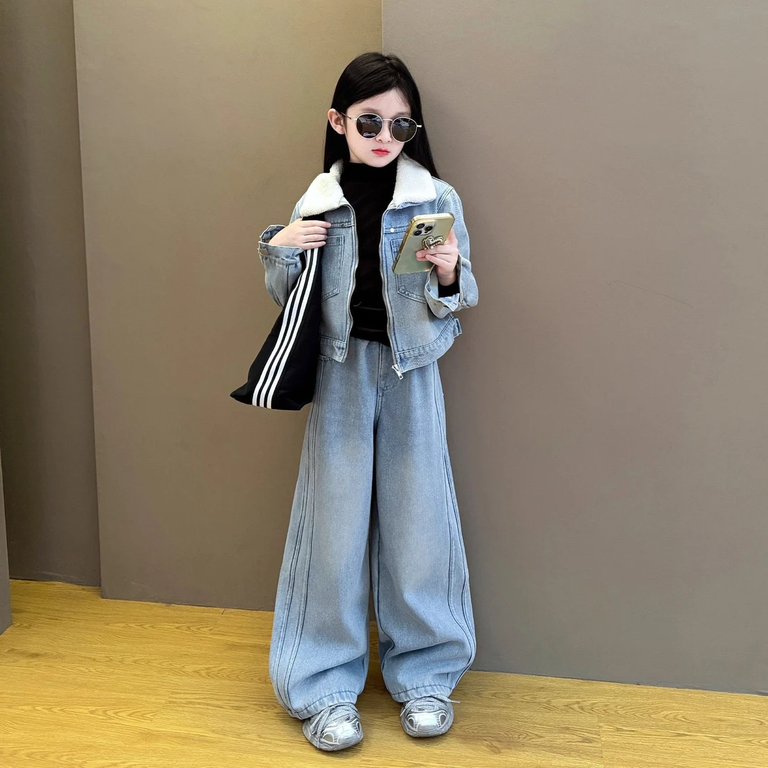 女童2025新款洋气秋冬季牛仔加绒套装中大童冬装韩版时尚新品洋气