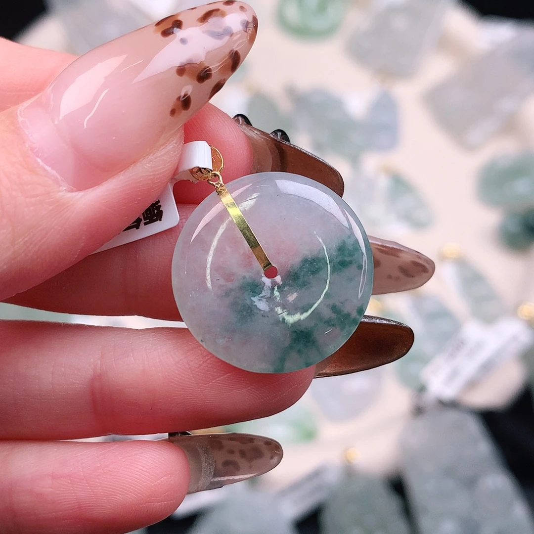 翡翠颈饰18K金镶嵌蓝花扣26、21.5、3.7