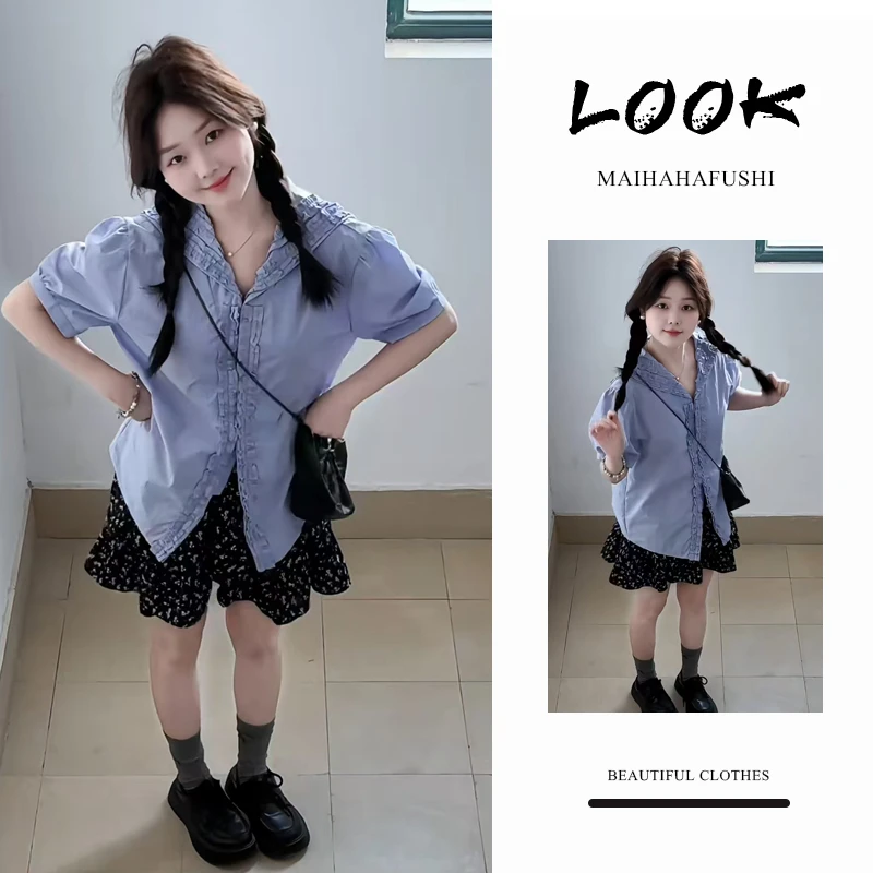 夏季时尚一整套女装2025新款爆款多巴胺木耳边衬衫碎花裙两件套