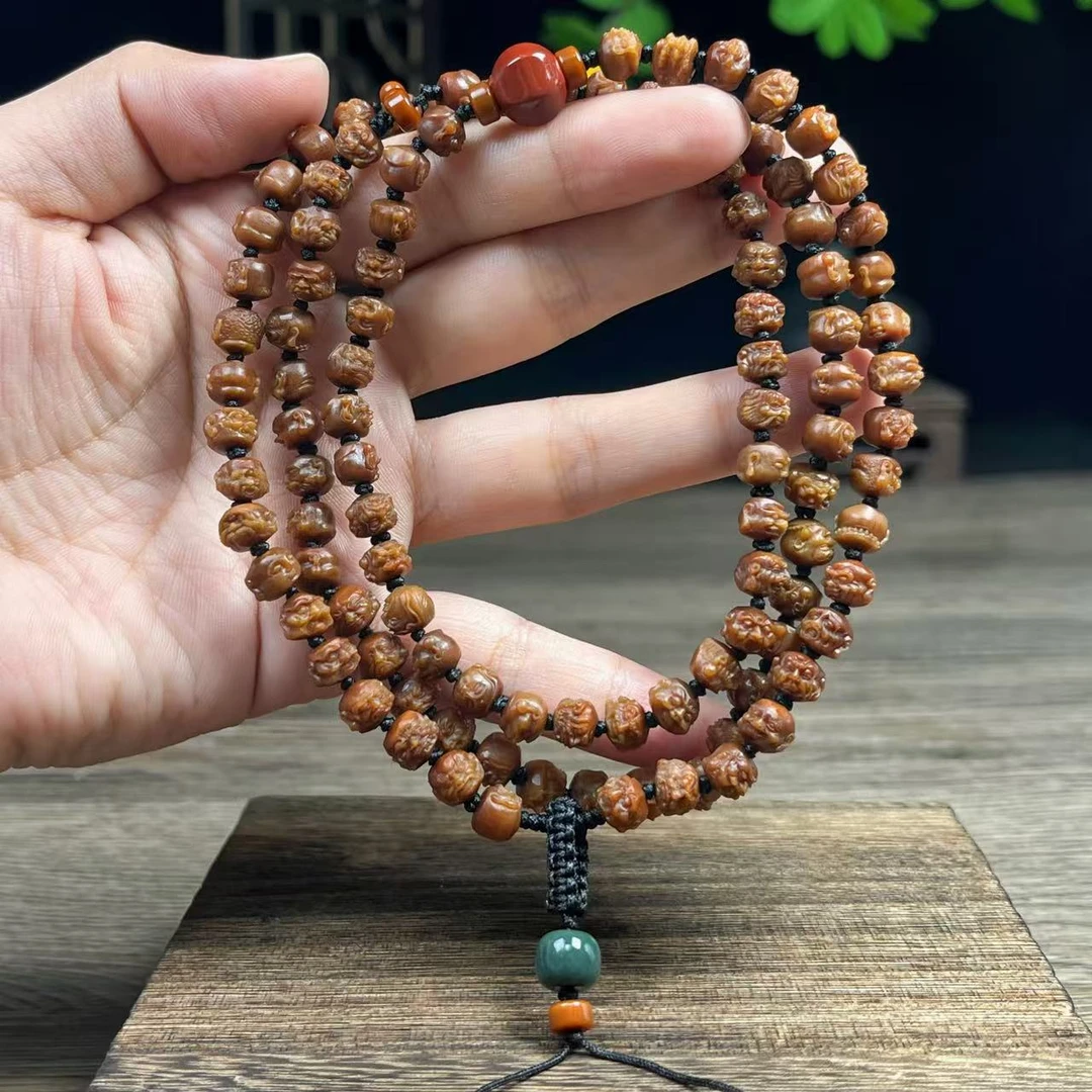 玉化7mm核尖单面108罗汉文玩橄榄核长串脖挂 橄榄核雕刻手串男款