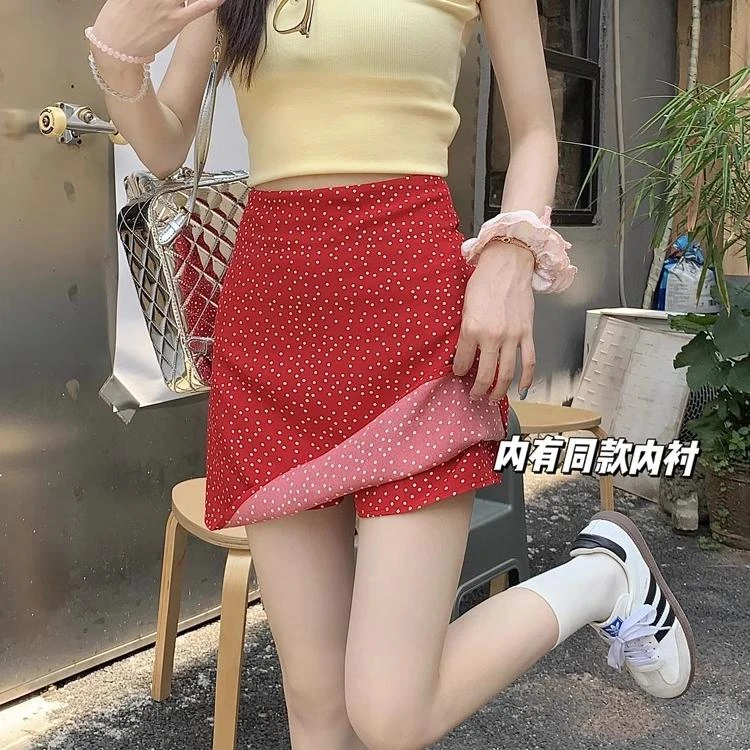 夏季2025新款高腰波点A字半身裙女装小个子红色甜美辣妹包臀短裙
