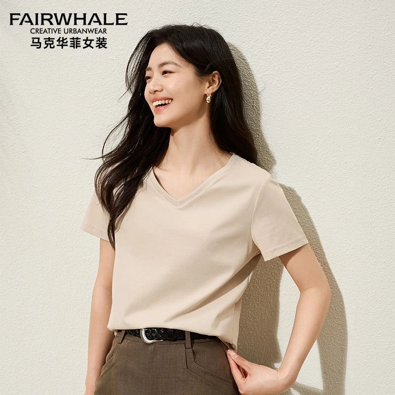 马克华菲V领短袖t恤女2025夏季新款轻薄透气柔软亲肤修身显瘦上衣