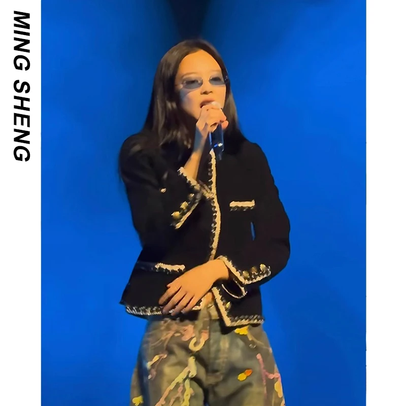 Jennie金珍妮同款黑色灯芯绒小香风外套女法式高级感千金名媛上衣