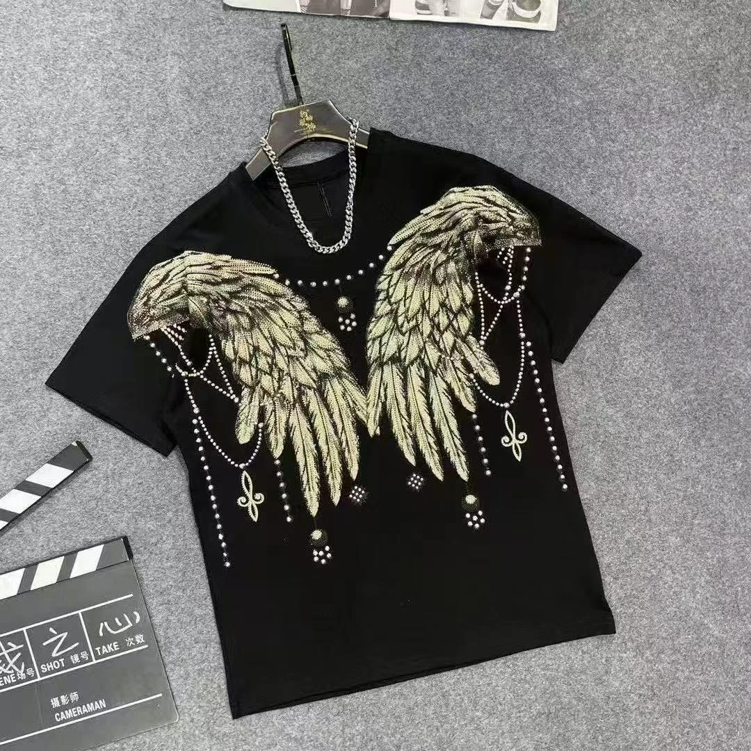 010潮牌新款重工项链翅膀烫钻短袖男T恤圆领黑白帅气轻奢港风半袖