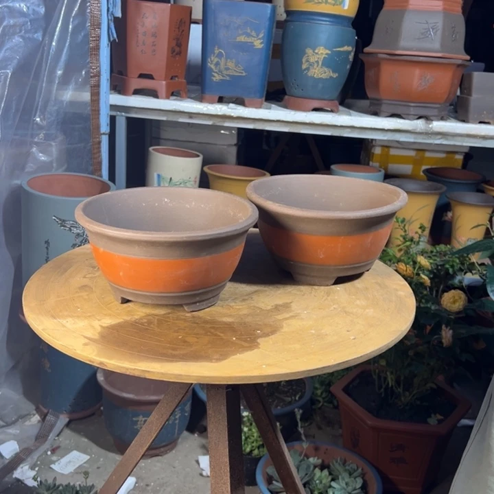 宜兴紫砂花盆红富贵点彩小一对
