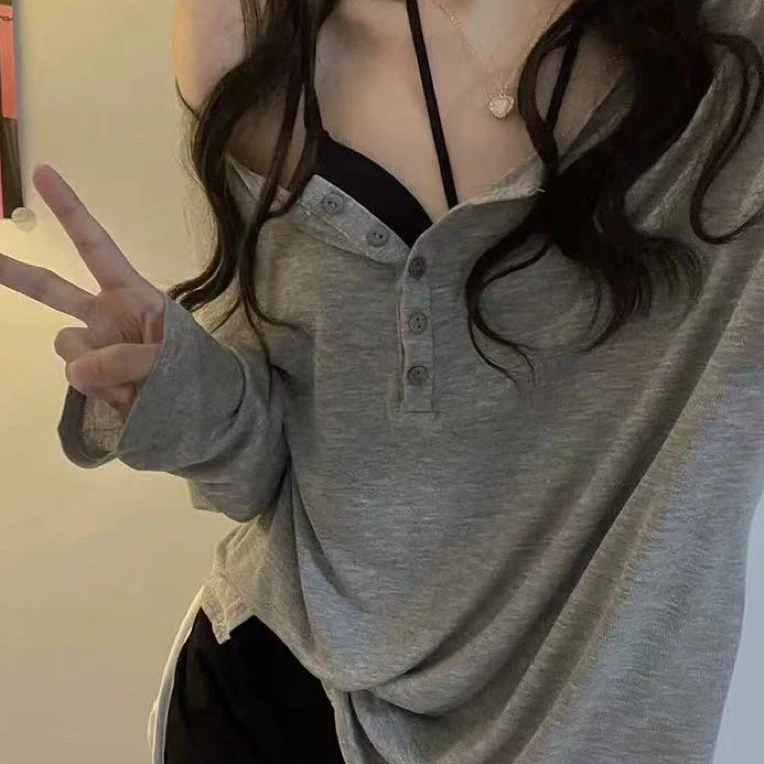 女装上衣套装灰色长袖T恤纯欲风宽松半开领防晒罩衫显瘦慵懒风