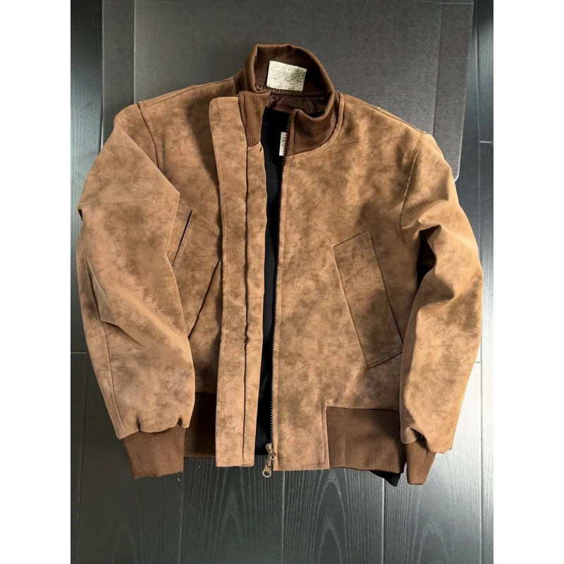 美式复古短款飞行皮夹克男款秋季暗纹拼接棒球服cleanfit扎染外套