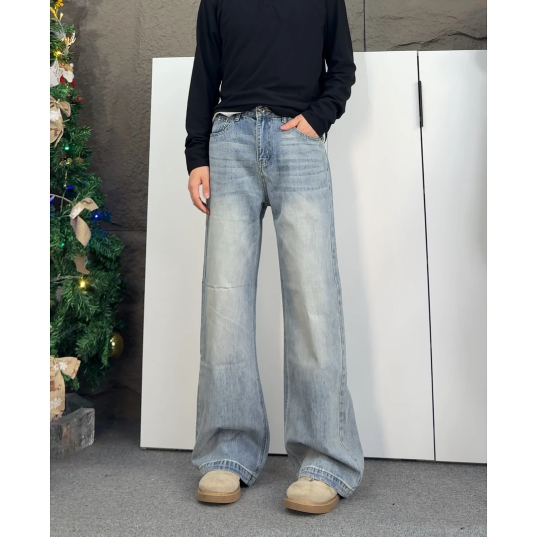 MKSN美式高街猫须竹节纹做旧牛仔裤潮直筒微喇vibe裤子