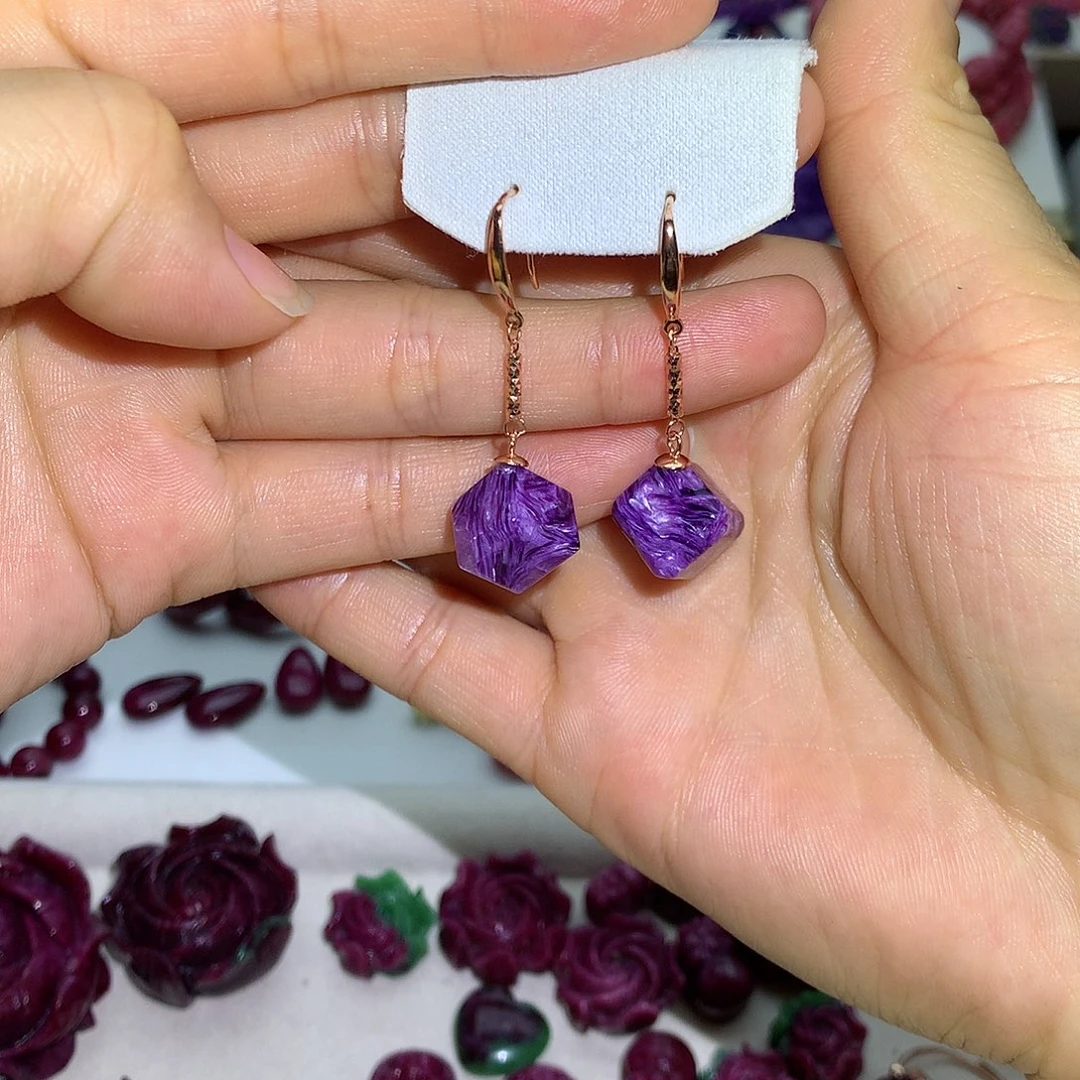 查罗石（紫龙晶）银S925镀金镶嵌耳坠