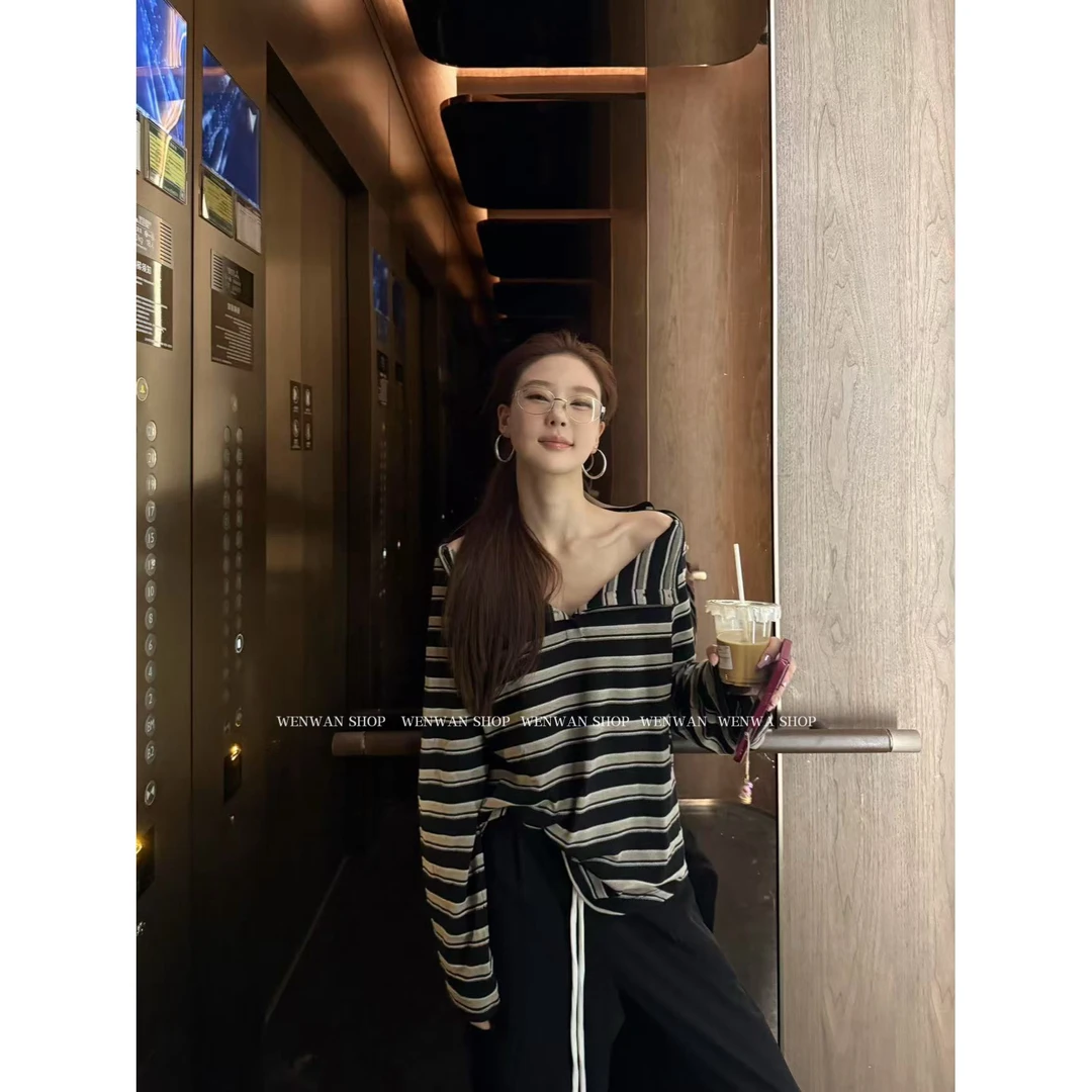 【纸片人条纹】舒适慵懒宽松条纹长袖T恤