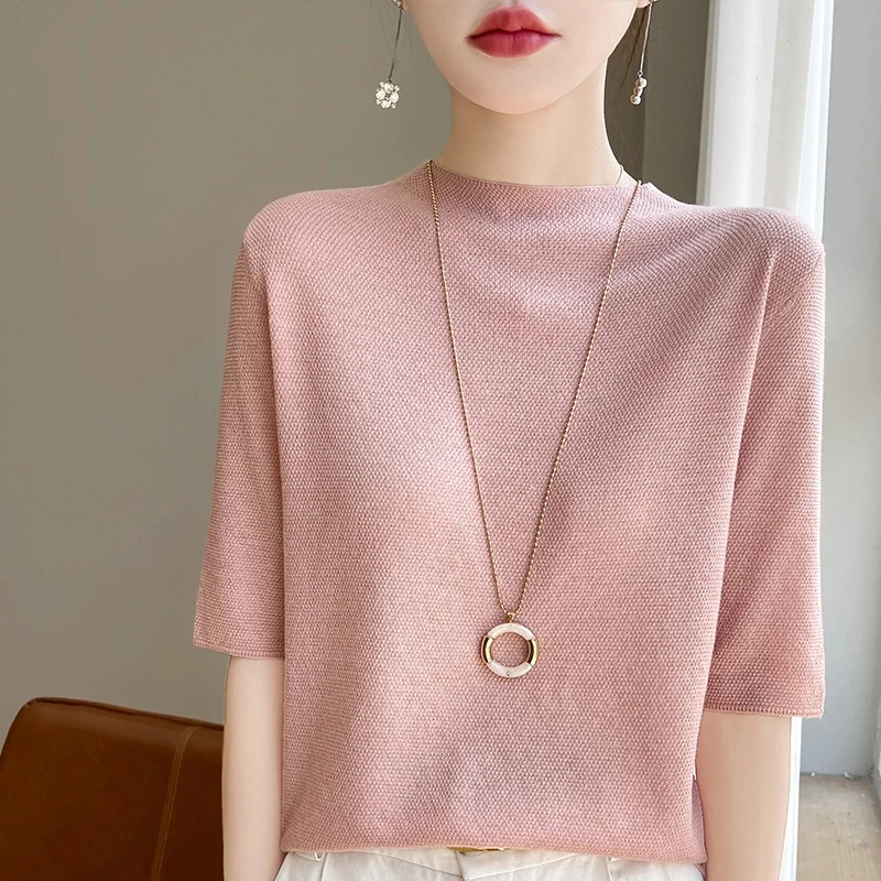 夏季半高领针织五分袖时尚薄款气质法式轻奢小众炸街慵懒风上衣