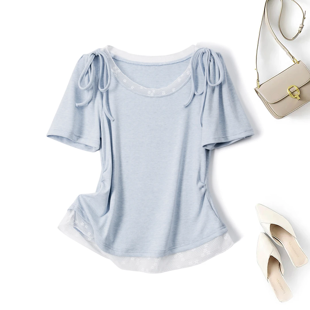 清大码2025夏季新款蕾丝拼接收腰显瘦短袖T恤纯欲甜美风上衣64513