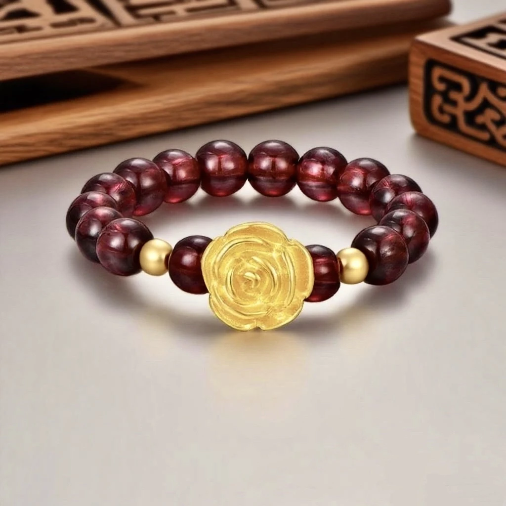 紫牙乌/石榴石（处理）【新人补贴G】3D硬金玫瑰花配石榴石戒指WW222