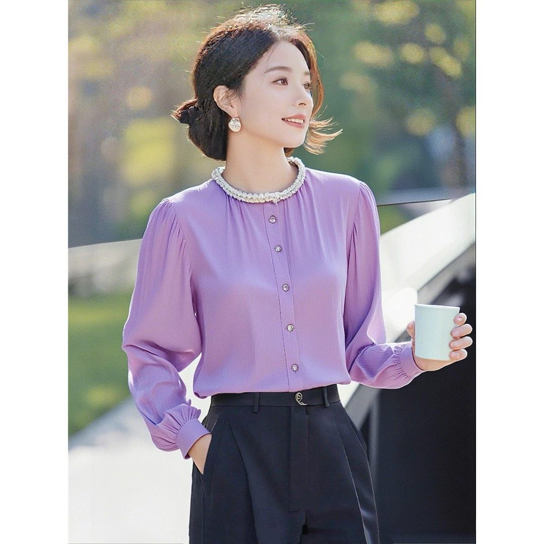SS2270重工钉珠圆领衬衫女高级光泽肌理感衬衣法式时尚洋气上衣