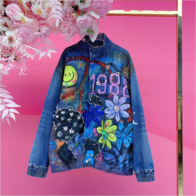 B684欧美设计师2025冬季新款重工手绘涂鸦渐变宽松休闲牛仔外套女