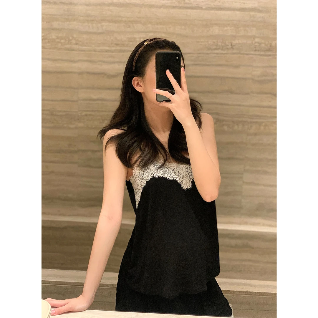 JIJINQI气质时尚蕾丝黑色无袖吊带上衣短裤套装 JD08TZPT1567