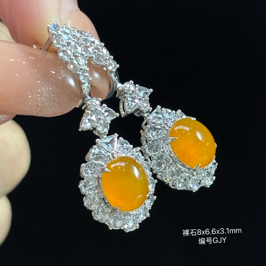 《缅甸珠宝严选》缅甸翡翠冰黄翡蛋面耳坠（下单质询客服） GJY