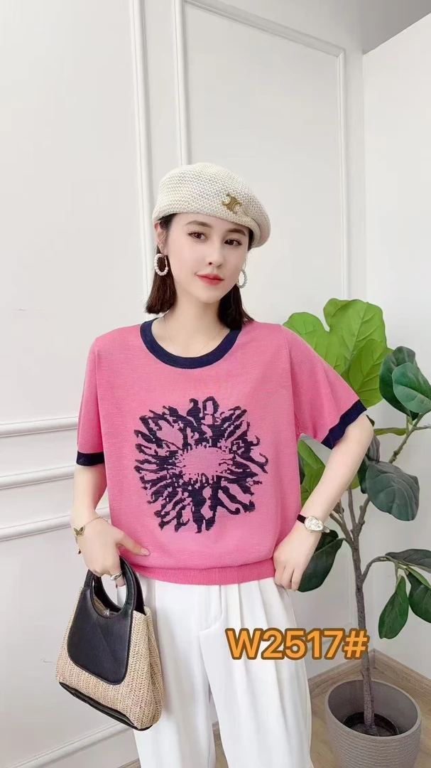 欧洲站乌衣轩夏季新款圆领套头宽松针织短袖女