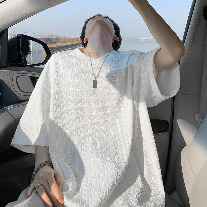 重磅麦穗纹V领短袖T恤男夏季潮牌青少年百搭宽松休闲打底上衣半袖