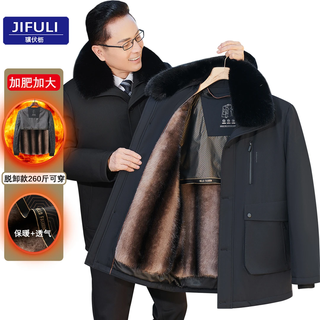 【大码男装】派克棉服男中长款爸爸可脱卸冬季加厚外套保暖棉衣