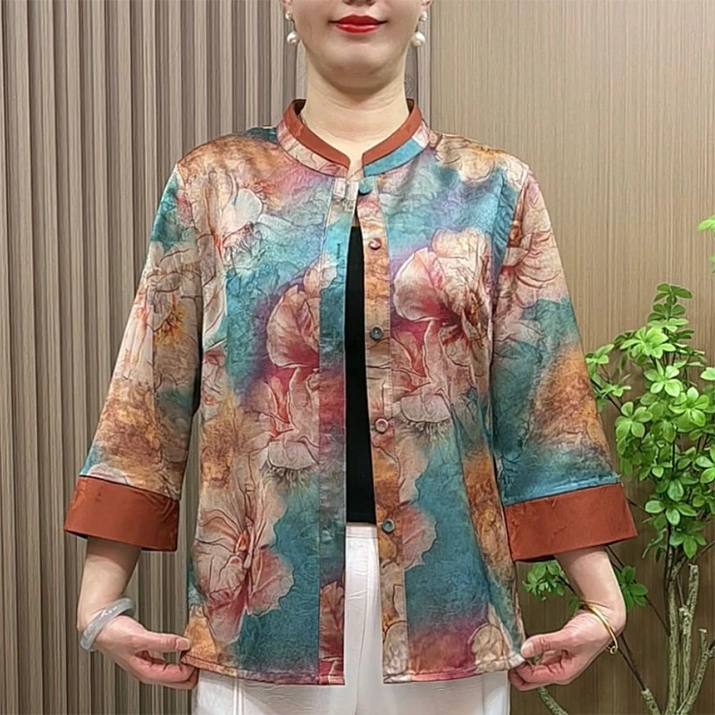 2025新款中老年妈妈装春夏七分袖衬衫女洋气国风阔太太上衣衬衣