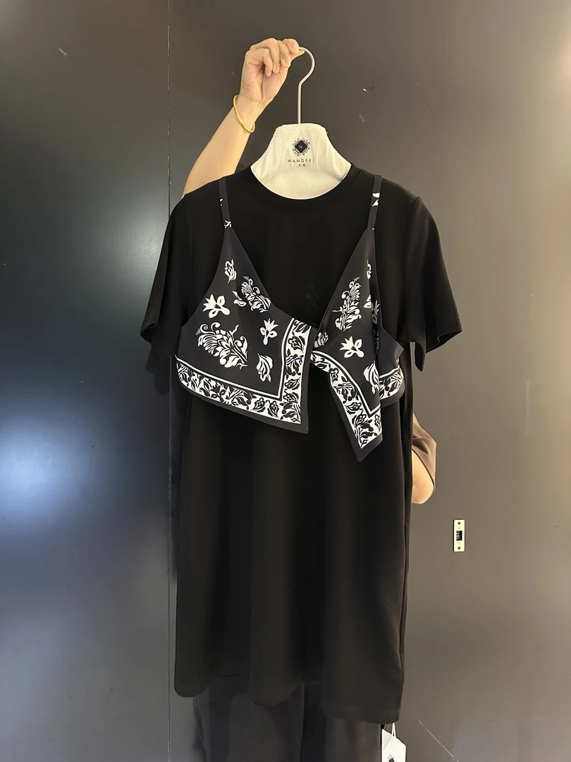 时尚百搭遮肉显瘦丝巾吊带假两件欧式拼接设计连衣裙