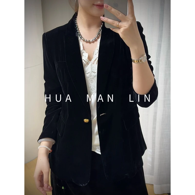 【花满林】翻领一粒扣双口袋真丝桑蚕丝丝绒西装外套255811-1