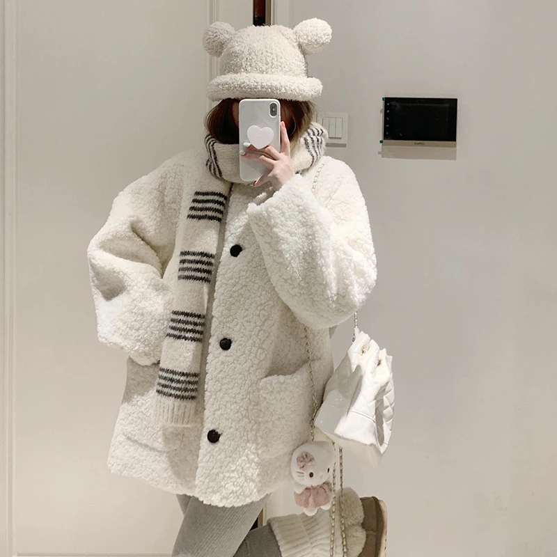 6957慵懒风白色摇粒绒外套女2025新款秋冬小个子高级感宽松上衣