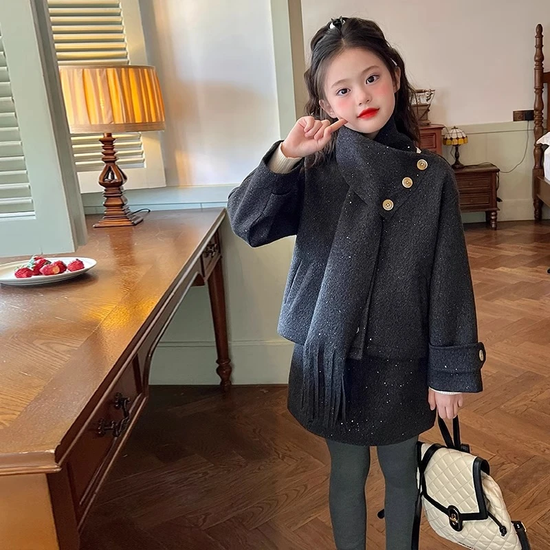栀了成长记童装女童秋冬毛呢套装冬装新款儿童宝宝洋气时髦衣服