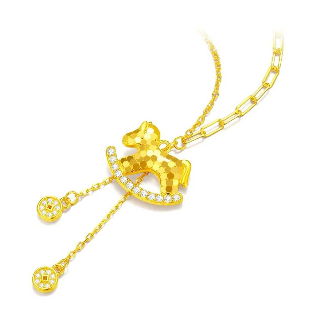 铜合金亚克力吊坠 法国「马上有钱」木马金色本命马年项链女轻奢