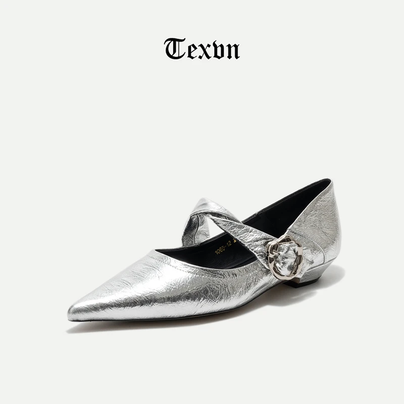 2025春季新品法式浪漫金属胎牛皮尖头一字搭扣浅口玛丽珍女鞋透气